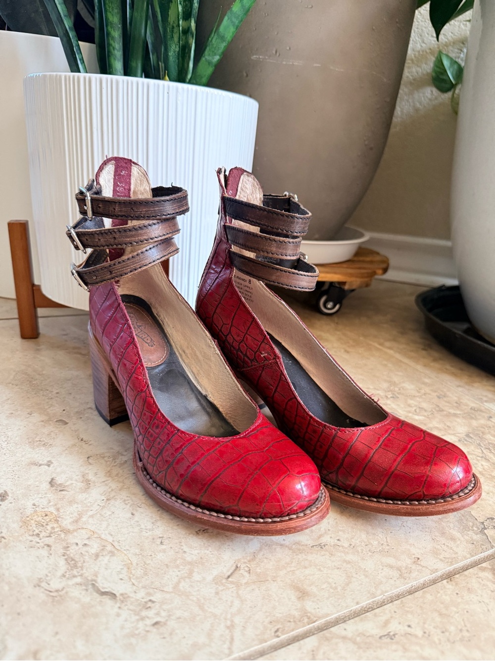 Randi Freebird by Steven Red Croc-Embossed Leather Block Heel Ankle-Strap Pumps